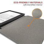 Gray tablet case with a soft microfiber interior, featuring text about eco-friendly materials.
