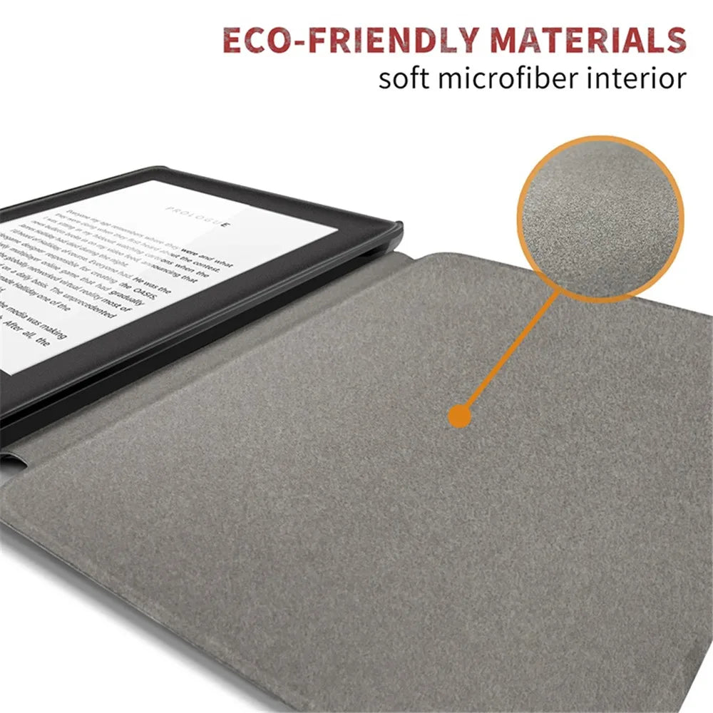 Gray tablet case with a soft microfiber interior, featuring text about eco-friendly materials.