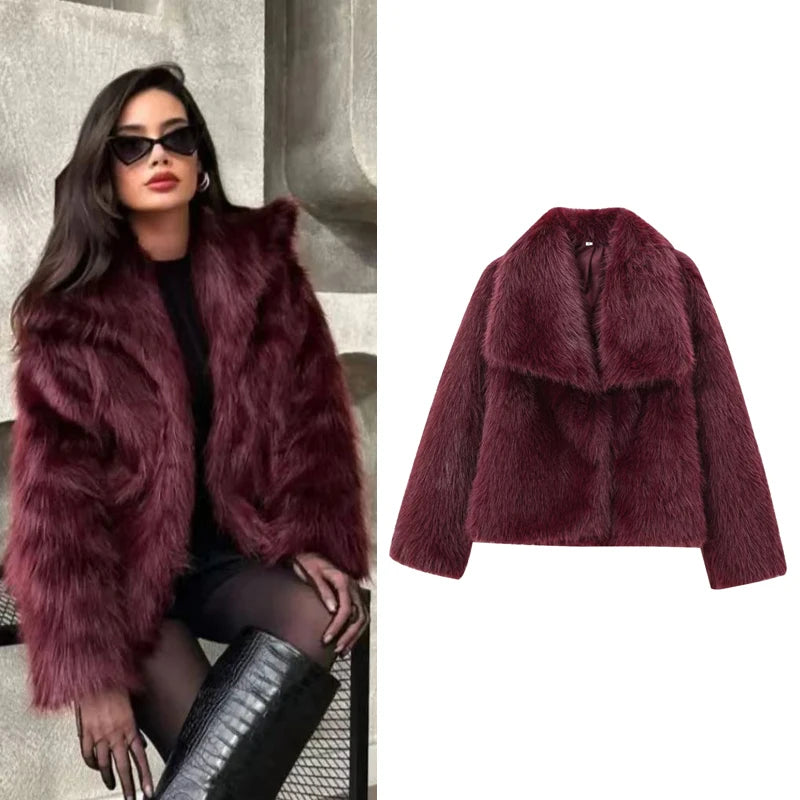 Purple fur coat worn by a model on the left, with a plain background on the right.