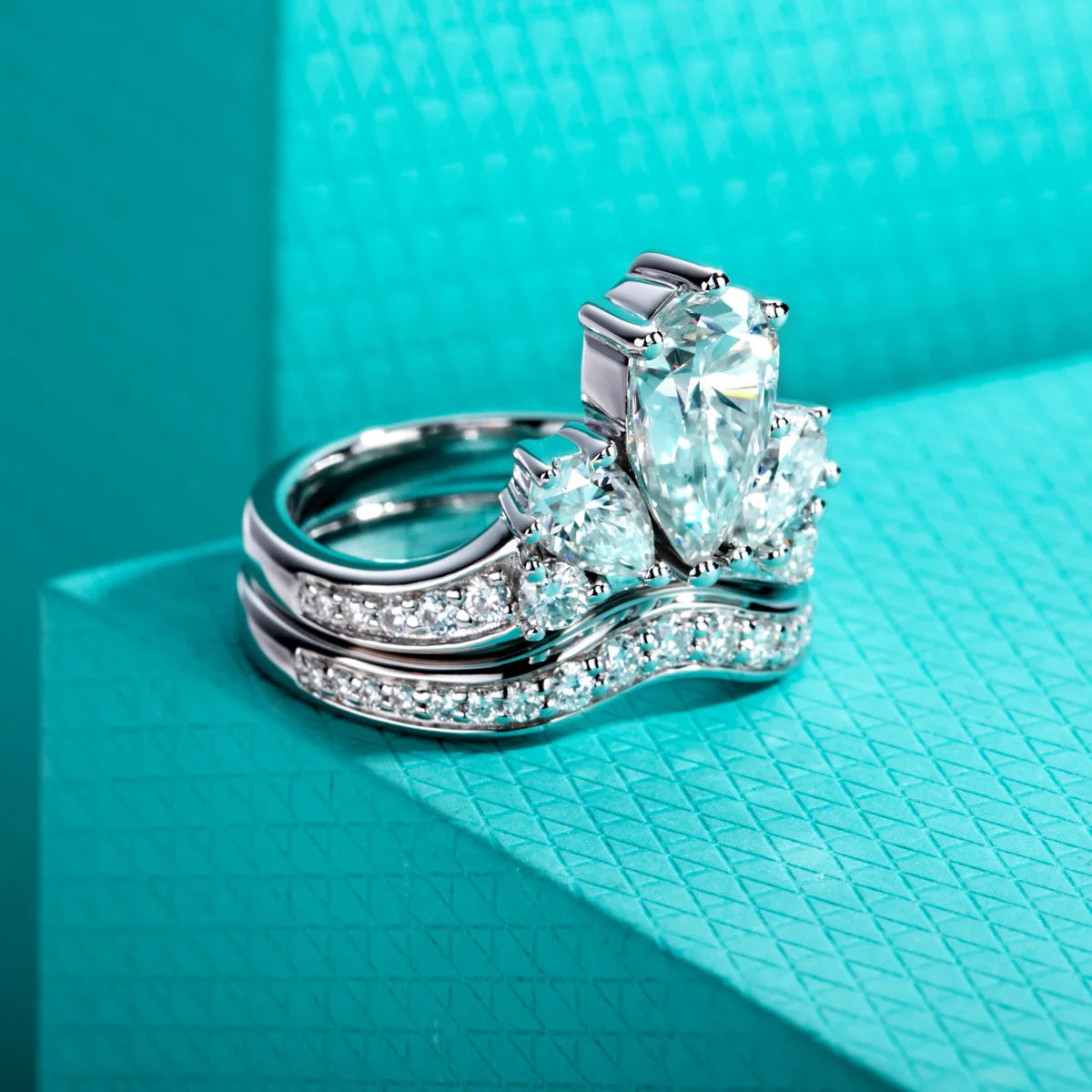 3.78ct Pear Cut D-Color Moissanite Bridal Ring Set - 925 Sterling Silver