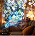 Woman lying on a couch with a snowflake projector in a bedroom setting