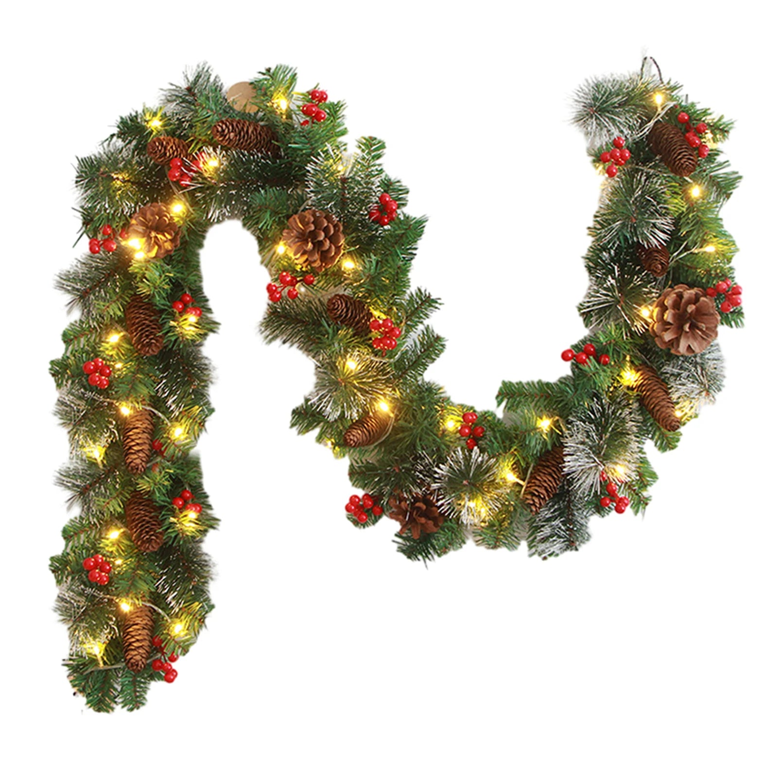 Decorative Christmas garland shaped like a candy cane with lights, pine cones, and red berries on a white background.