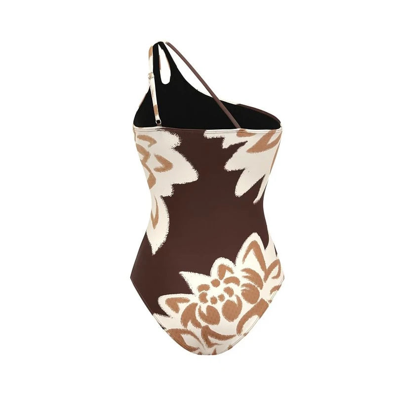 One Shoulder Swimsuit - Vintage Print Beachwear