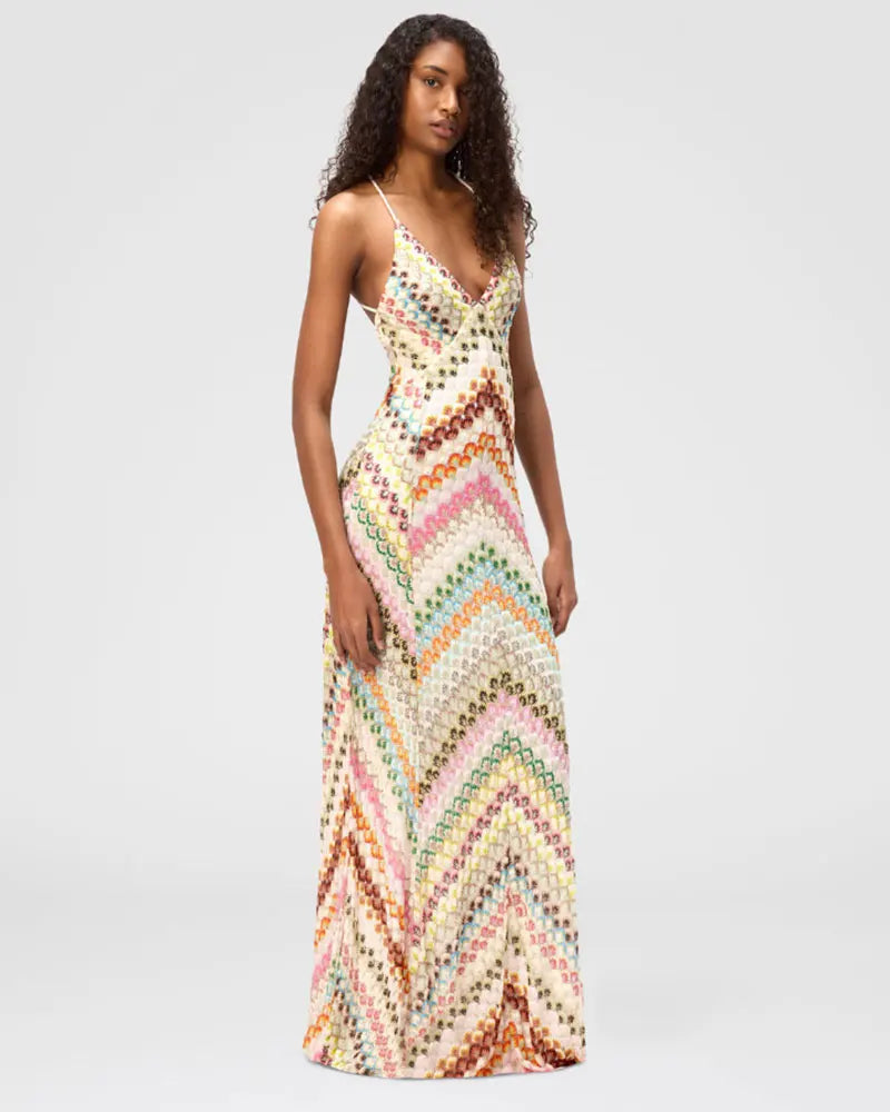 Crochet Halter Maxi Dress - V-Neck Backless Knit Dress