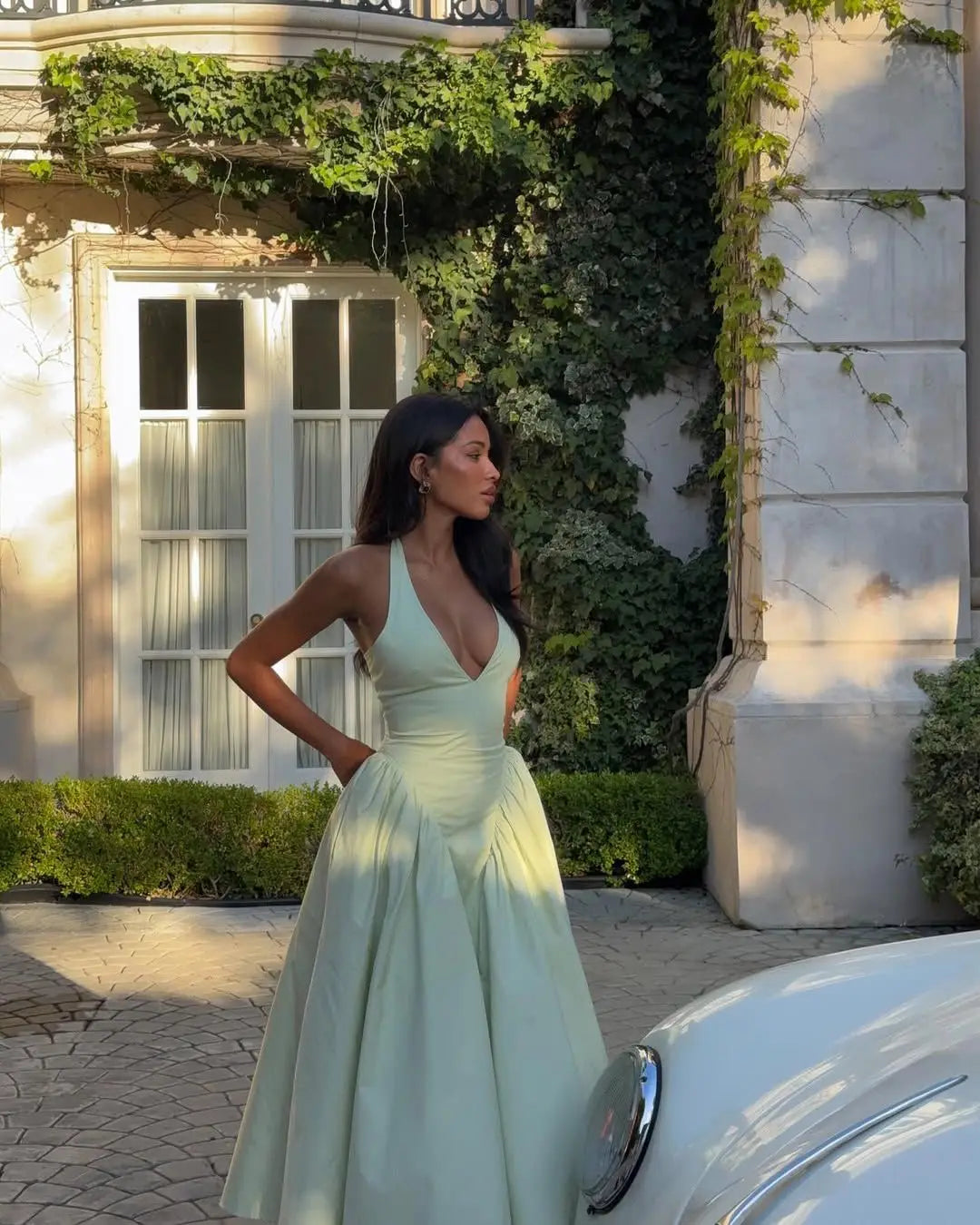 Backless Halter Midi Dress - Cottagecore Style