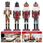 Set of four nutcracker decorations with different outfits, shown in two settings: lobby and table.