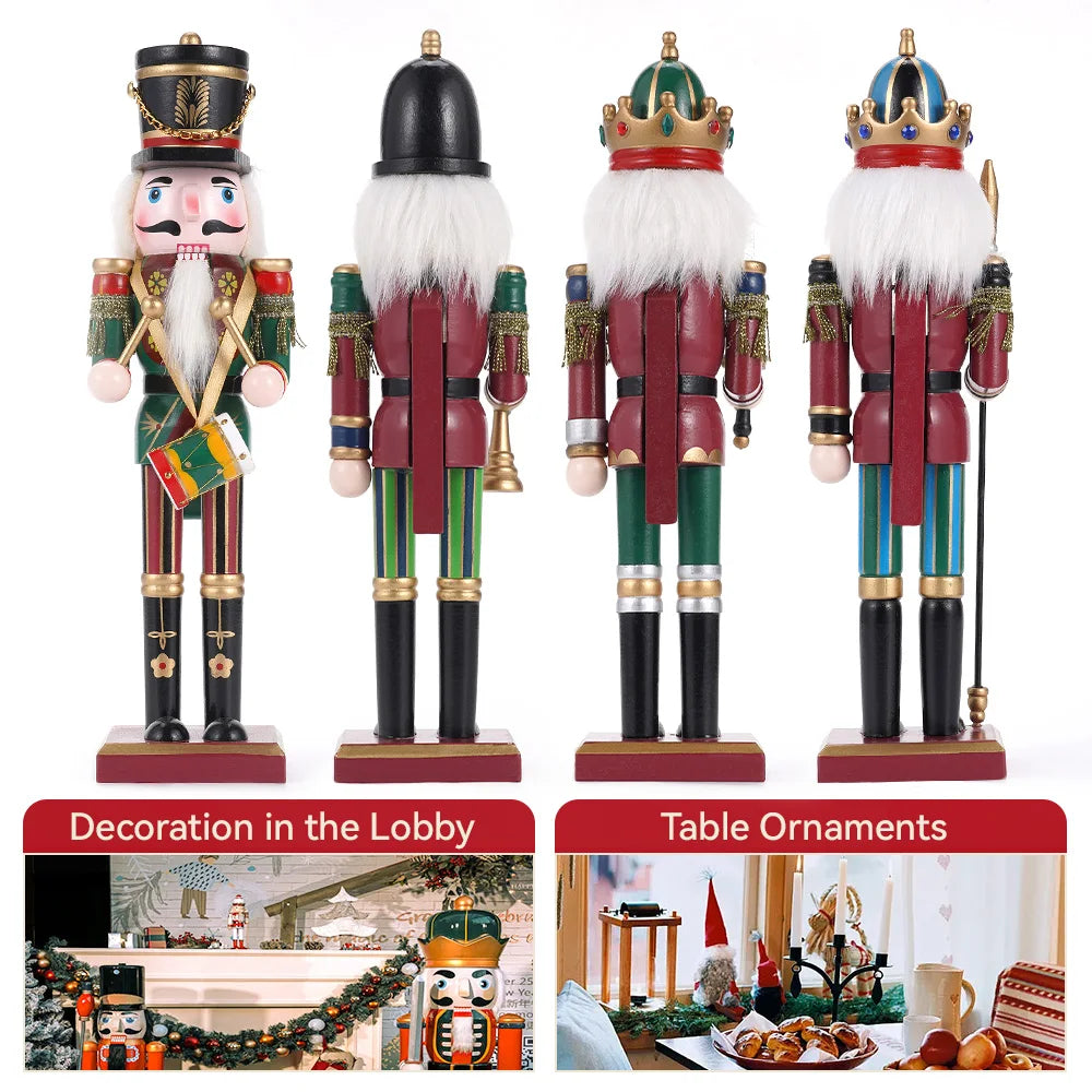 Set of four nutcracker decorations with different outfits, shown in two settings: lobby and table.