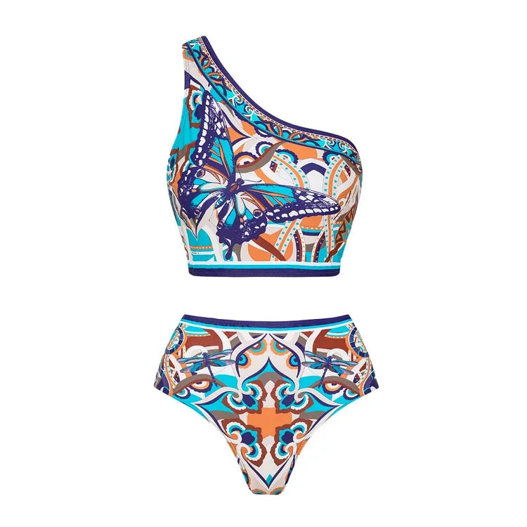 One Shoulder V-Neck Bikini - Vintage Print Swimwear