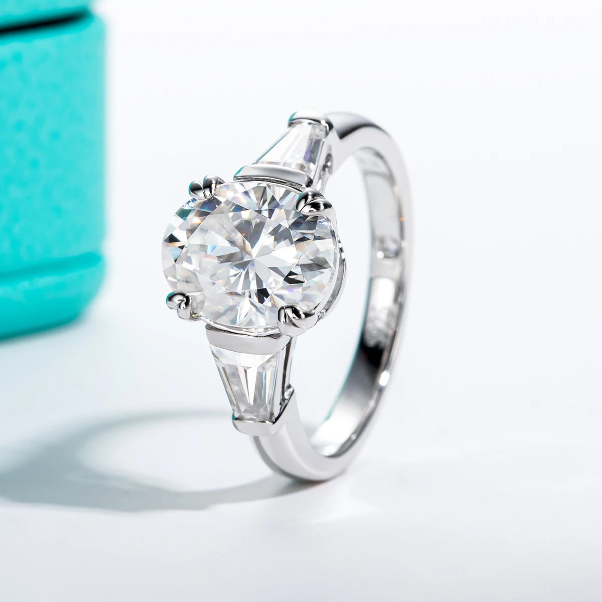 3.8ct Oval Cut D-Color Moissanite Three Stone Engagement Ring - 925 Sterling Silver