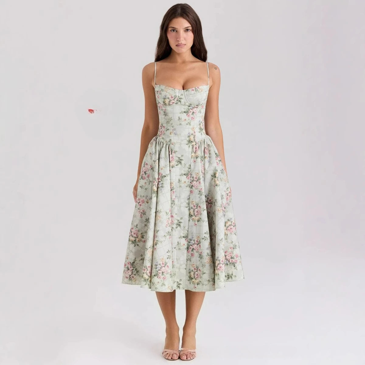 Floral Print Corset Midi Dress - Cottagecore Style