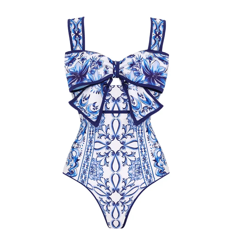Bow Decor Majolica Print Swimsuit - Elegant Beachwear