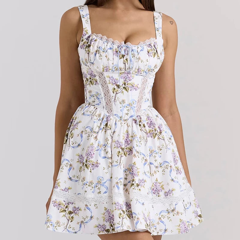 French Style Floral Print Lace Dress - Cottagecore Style