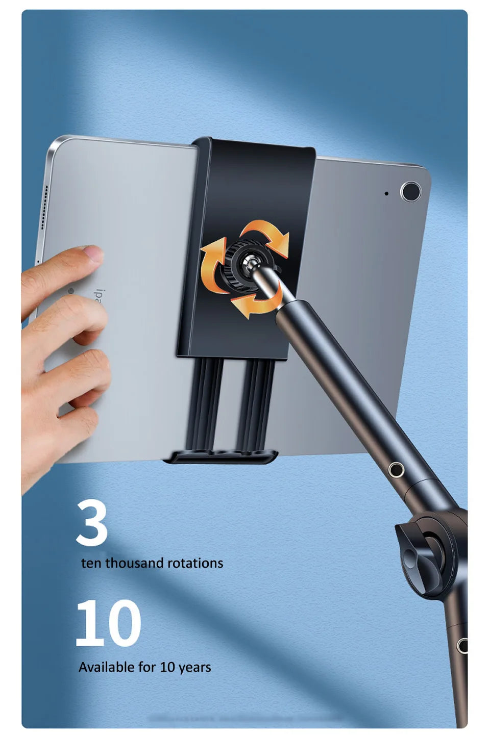 Tablet stand with a hand holding a tablet on a blue background