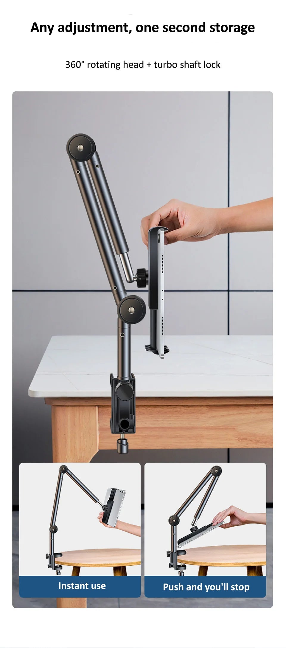 Adjustable arm with 360-degree rotation and turbo shaft lock on a gray background
