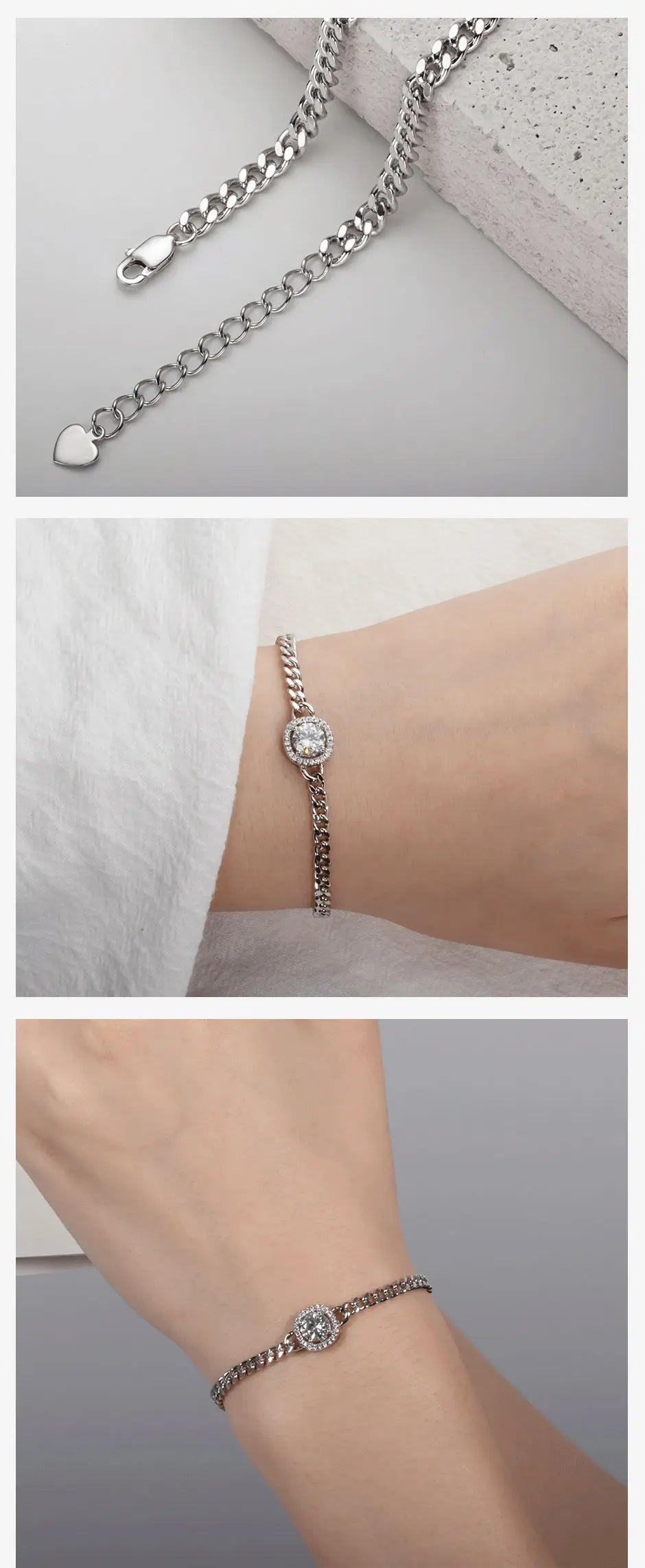Moissanite Link Bracelet - 925 Sterling Silver Adjustable