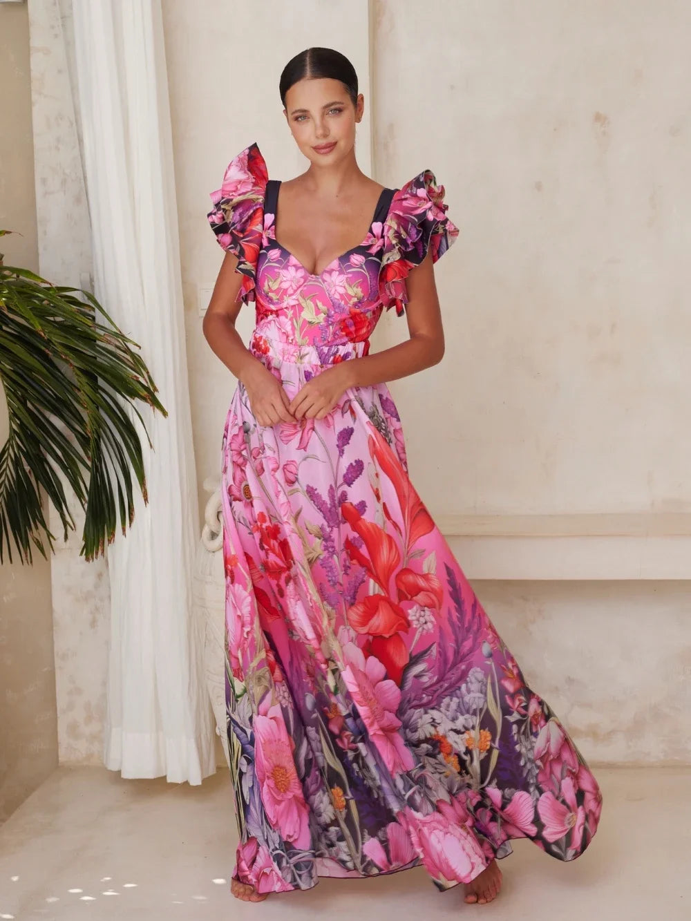 Blooming Flowers Print Swimsuit - Ruffled Beachwear