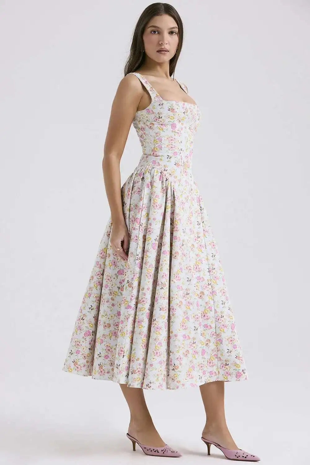 Floral Print A-Line Midi Dress - Spaghetti Strap Backless - Cottagecore Style