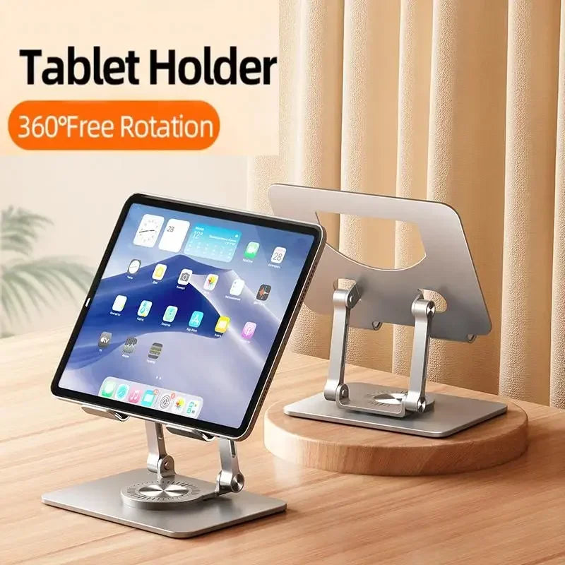 Tablet holder with 360-degree rotation feature on a wooden surface.