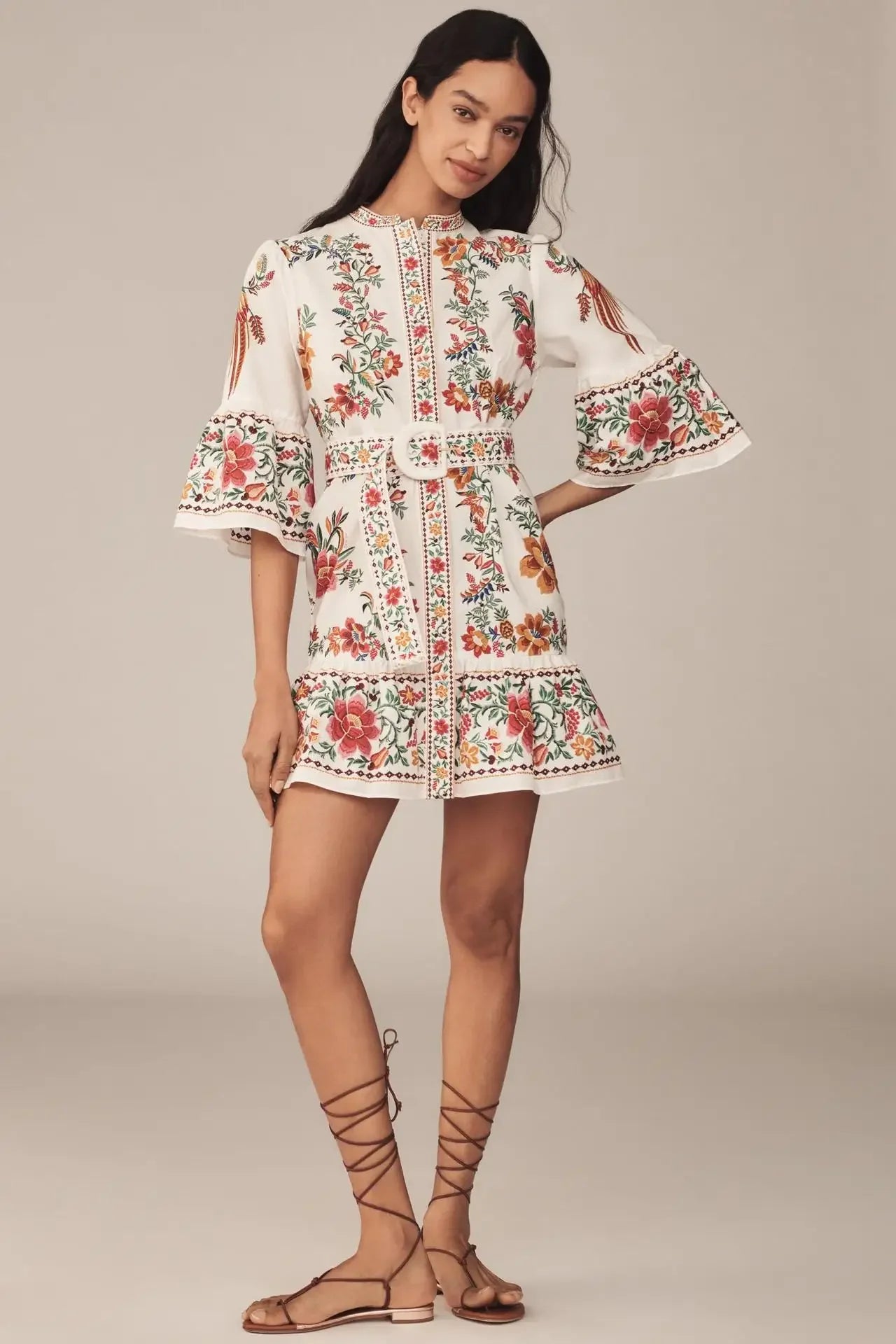 Floral Print V-Neck Linen Maxi Dress - Lantern Sleeve Waist-Cinching