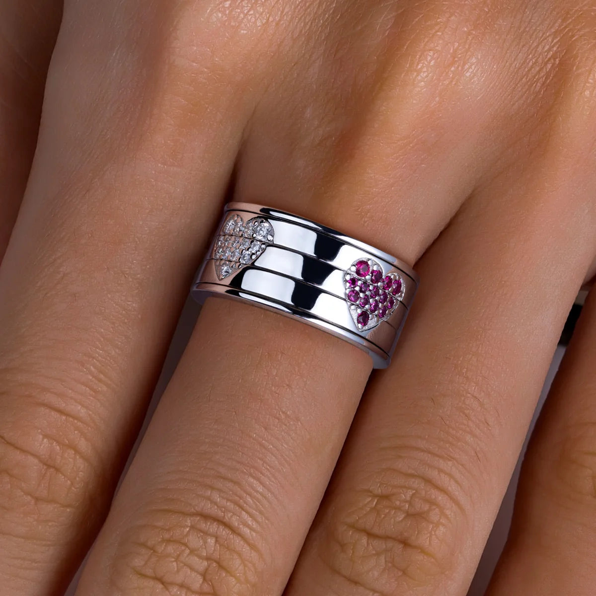 Moissanite Heart Spinner Band - Sterling Silver Fidget Wedding Ring