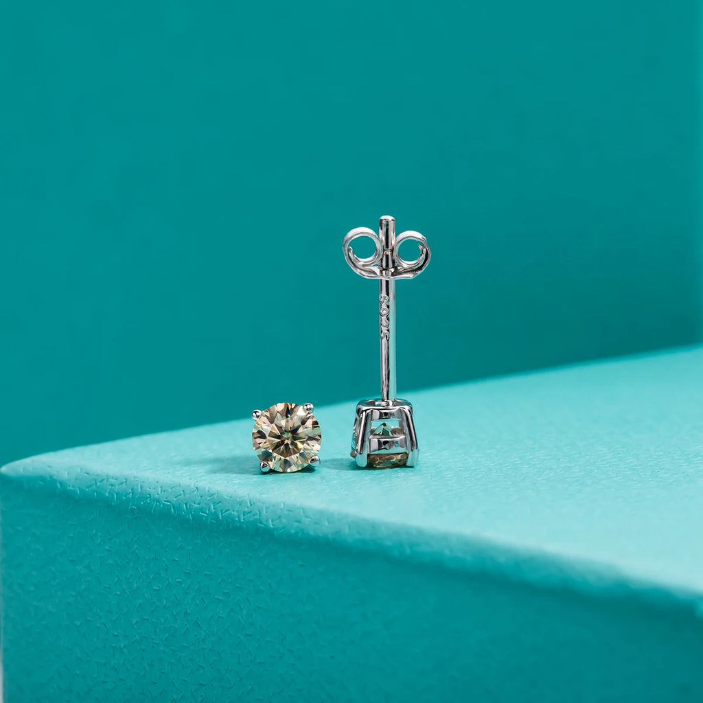 4mm Champagne Moissanite Stud Earrings - 925 Silver 18K Gold Plated