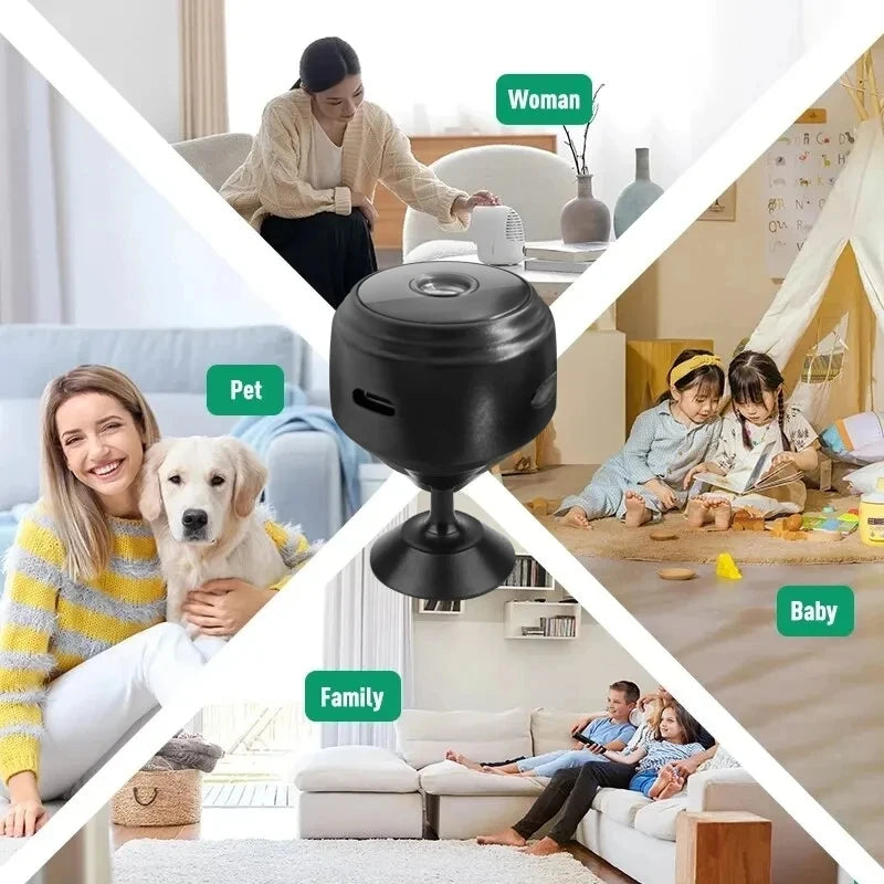 Black spherical device with images of a woman, pet, family, and baby around it.