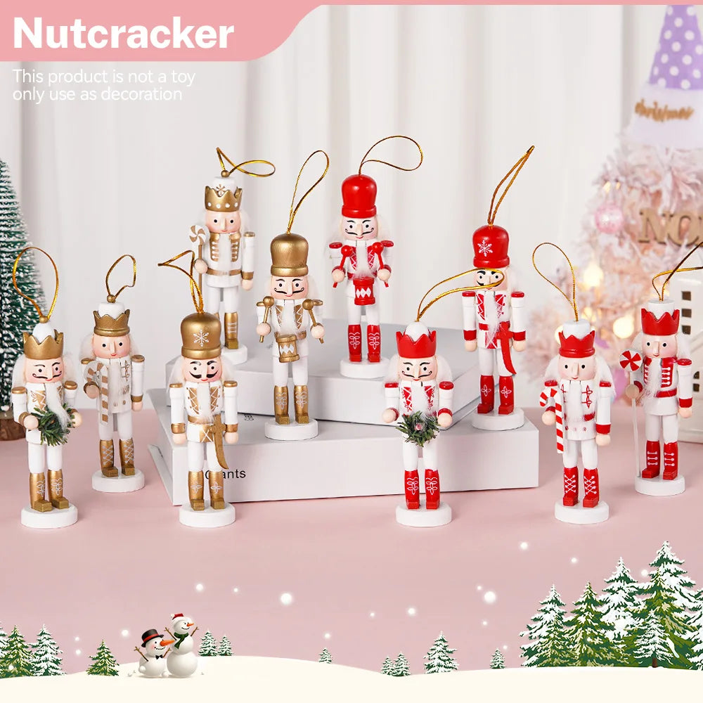 Set of Nutcracker figurines on a decorative background with Christmas trees and lights.
