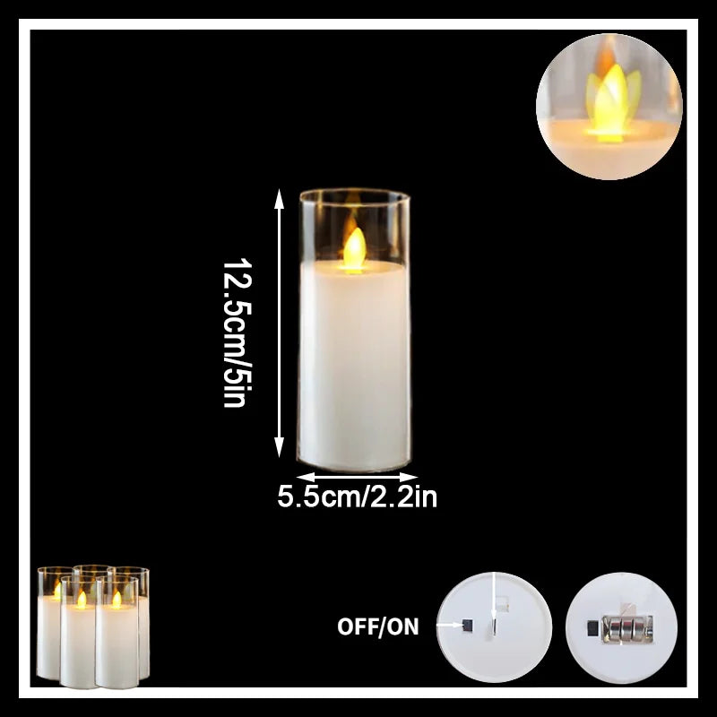White candle with dimensions and switch illustration on a black background