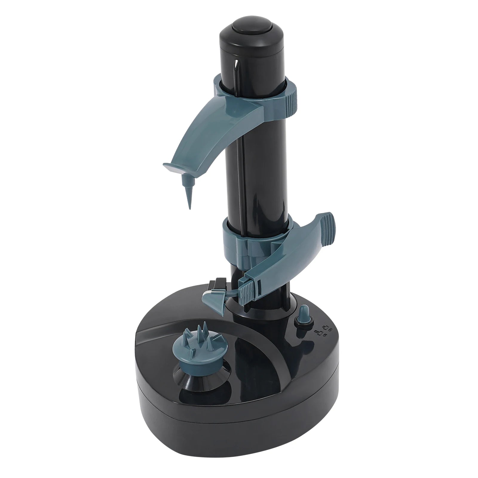 Black and gray adjustable stand with multiple attachments on a white background