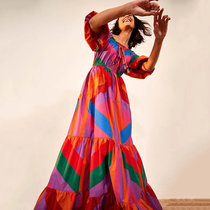 Gradient Color Block Wrap Maxi Dress - Printed Summer Evening Dress