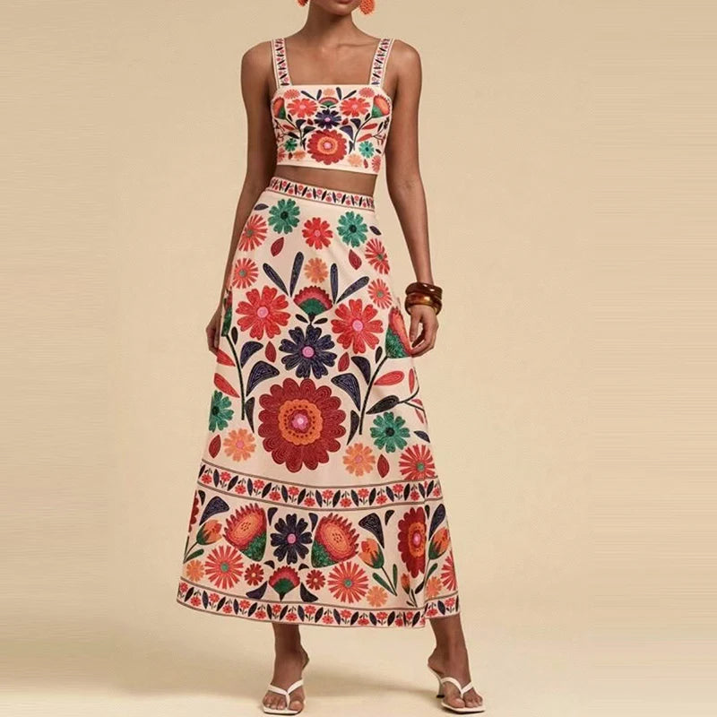 Tropical Print Halter Top & Skirt Set - High Waist Two-Piece Outfit