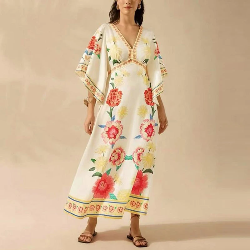 Woman wearing a floral dress with a beige background