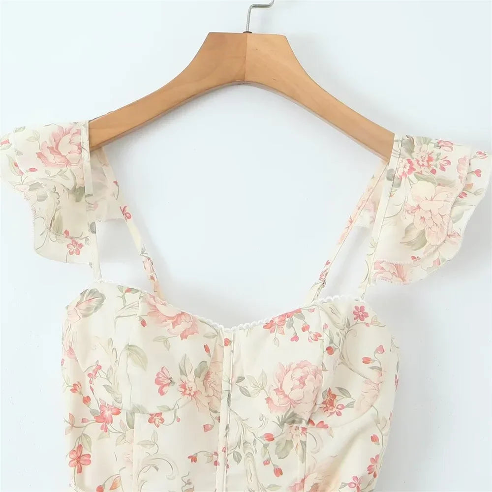 Printed Belted Lace-Up Midi Dress - Cottagecore Style