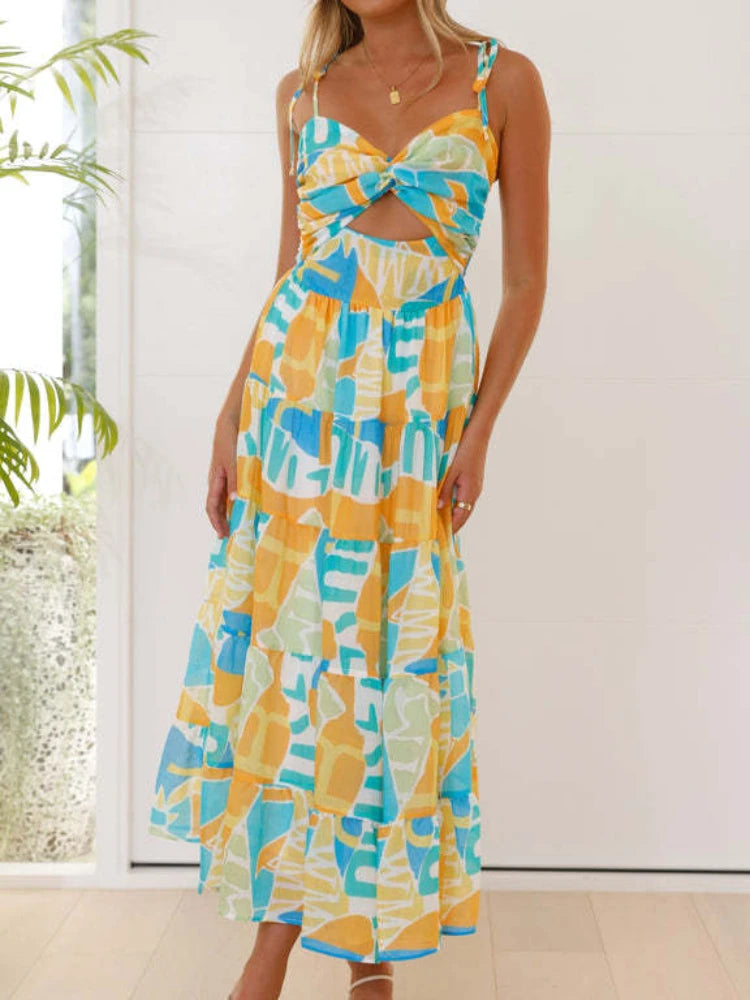 Floral Print Maxi Dress - A-Line Strap Vacation Dress