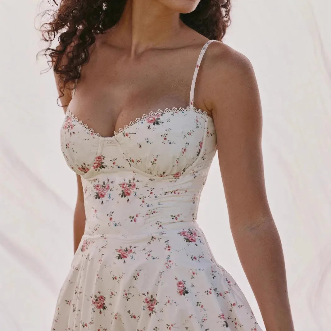 Embroidered Midi Dress - V-Neck Sleeveless with Belt - Cottagecore Style