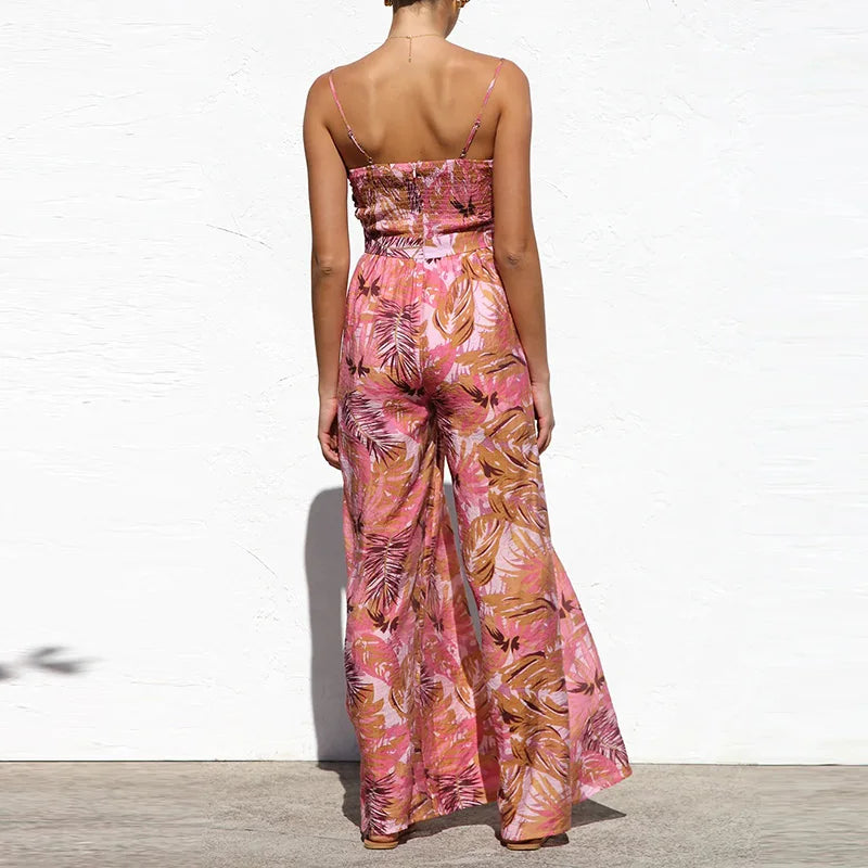 Off-Shoulder Tie-Up Jumpsuit - Wide Leg Pattern Print Romper