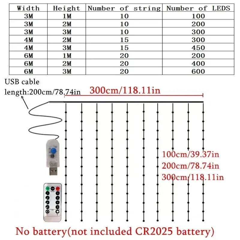 LED string product details with dimensions and USB cable information.
