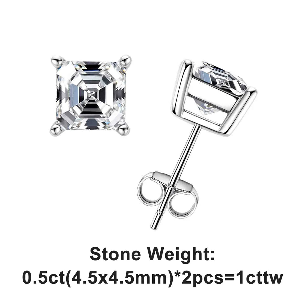 Asscher Cut Moissanite Stud Earrings - 10K Gold Post