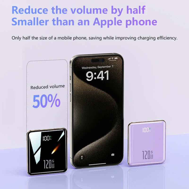 Smartphone with smaller size compared to an Apple phone, showing charging efficiency and volume reduction.