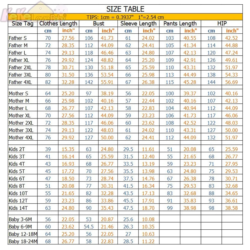 Size chart for clothing with measurements in centimeters and inches