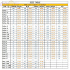 Size chart for clothing with measurements in centimeters and inches