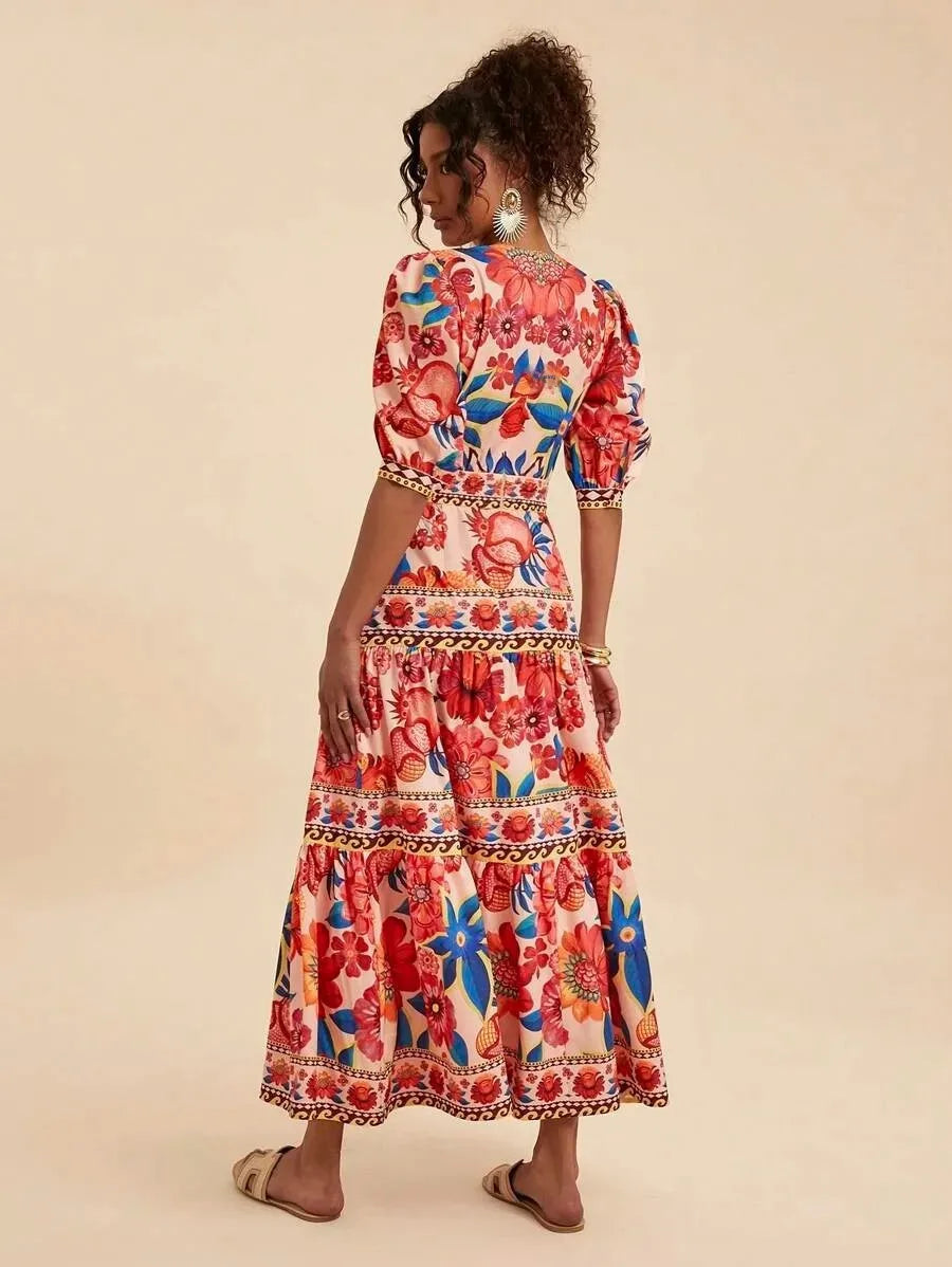 Floral Print Bubble Sleeve Maxi Dress - V-Neck Summer Dress