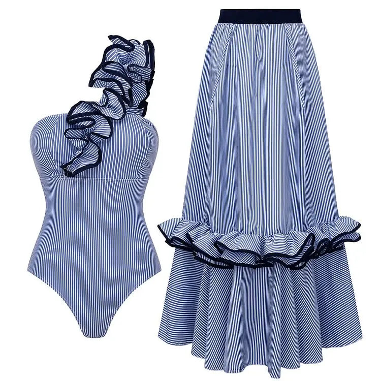 One Shoulder Ruffle Swimsuit - Stripe Print Beachwear
