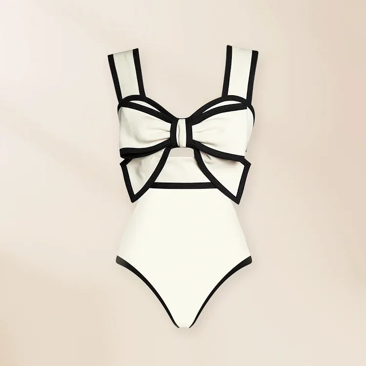 3D Bow-Tie Decor Swimsuit - Black and White Beachwear