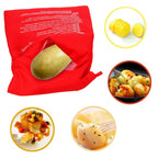Red potato cooker bag with a potato inside, surrounded by images of cooked potatoes and dishes.