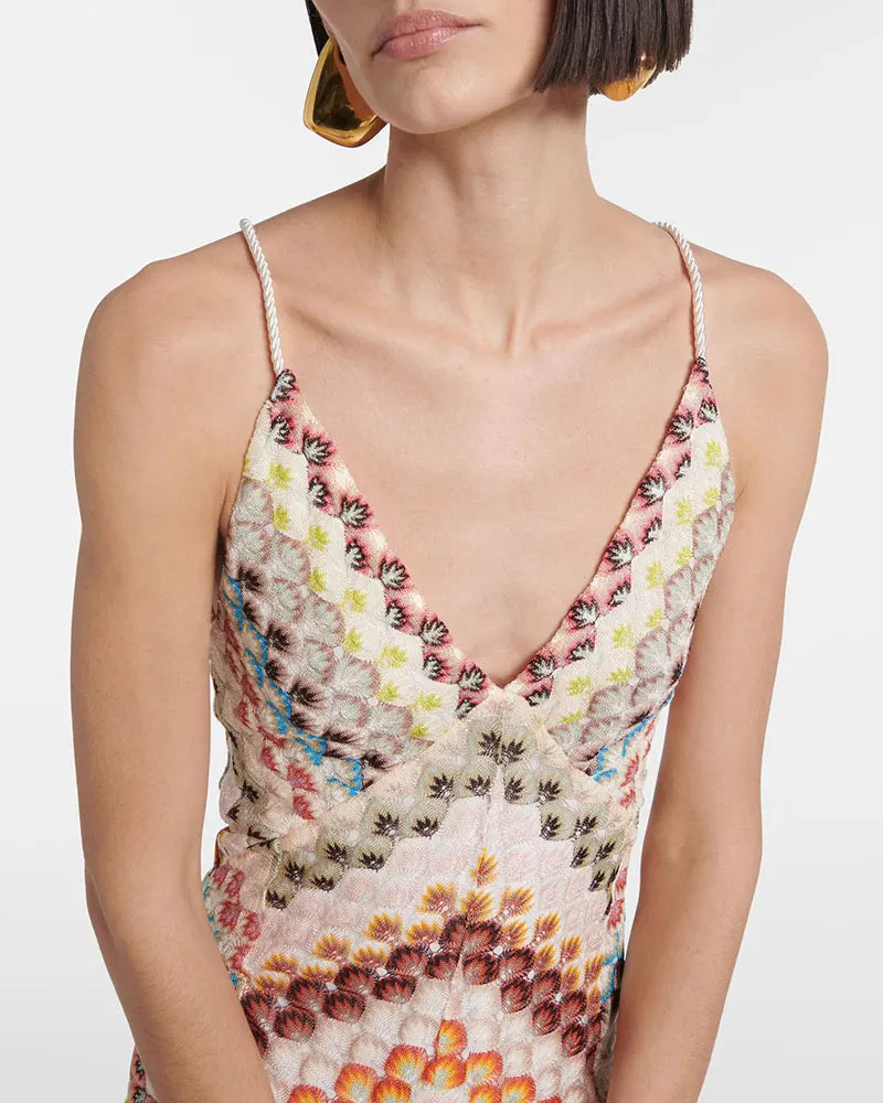 Crochet Halter Maxi Dress - V-Neck Backless Knit Dress