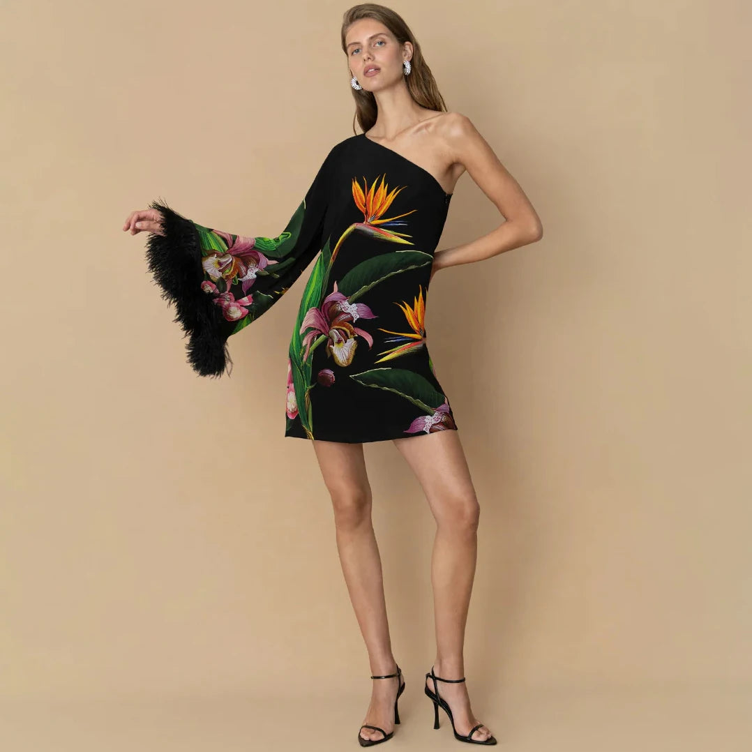 Floral Print One-Shoulder Feather Sleeve Maxi Dress