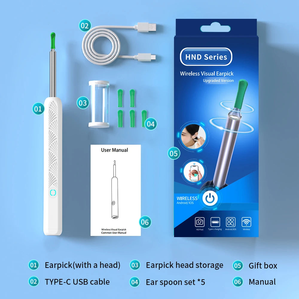 HND Series Wireless Visual Earpick set with packaging, earpick, USB cable, and accessories on a blue background.