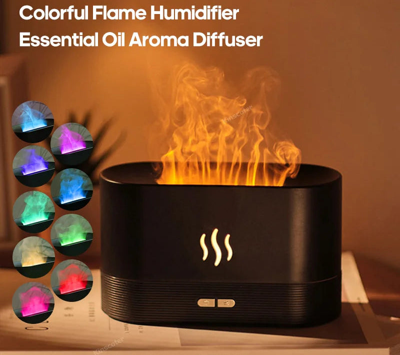 Kinscoter colorful flame humidifier with essential oil aroma diffuser on a warm background