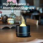 Black high-frequency atomization device on a wooden surface with text about its benefits.